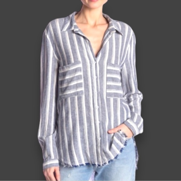 Catherine Malandrino Linen Blend Raw Hem Button Up Top, Blue/White Stripe, Large - Picture 1 of 11